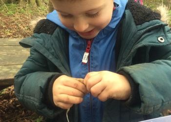 Nursery forest school children made bracelets from bamboo pieces, they threaded 5 pieces of bamboo on to a piece of string. Such an enjoyable activity.