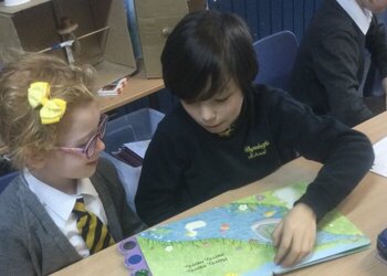 One of many World Book Week activities: the older children buddied up with a younger child to share and enjoy a book together